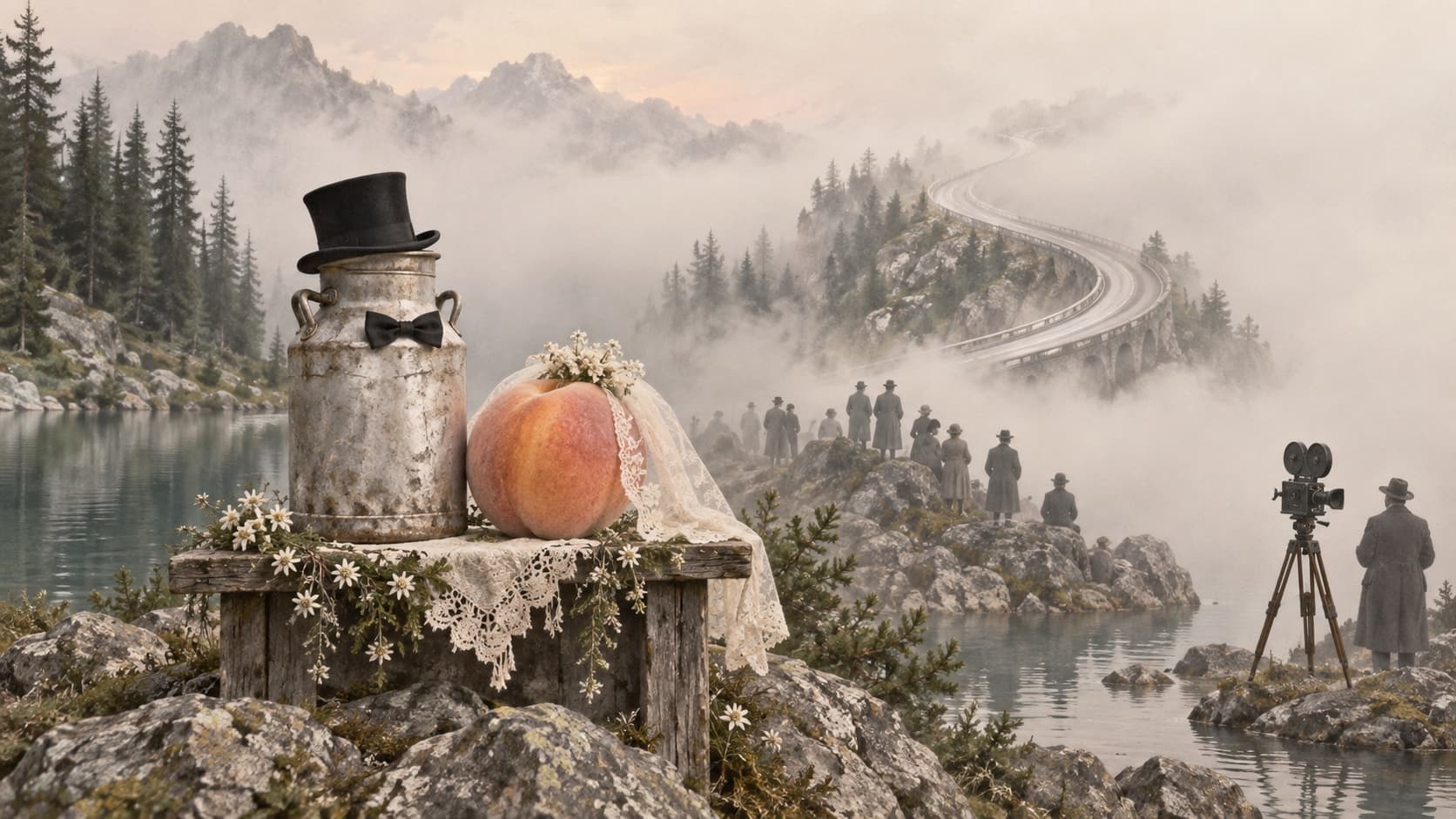 A vintage style scene of a milk can in a top hat and a peach in a lace veil at a small wooden altar by a foggy mountain lake, with a winding highway behind them and a crowd and a movie camera fading into the fog.
