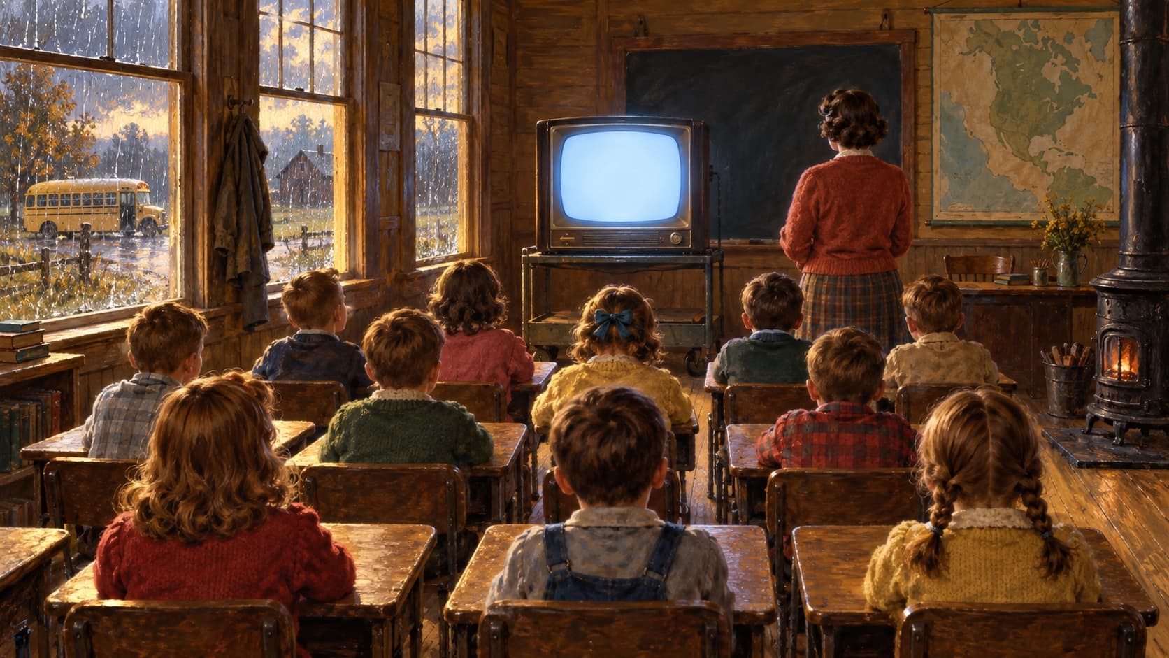 A painting of a 1959 one-room schoolroom where children seen from behind watch a glowing television at the front while a school bus waits outside the window in the rain.