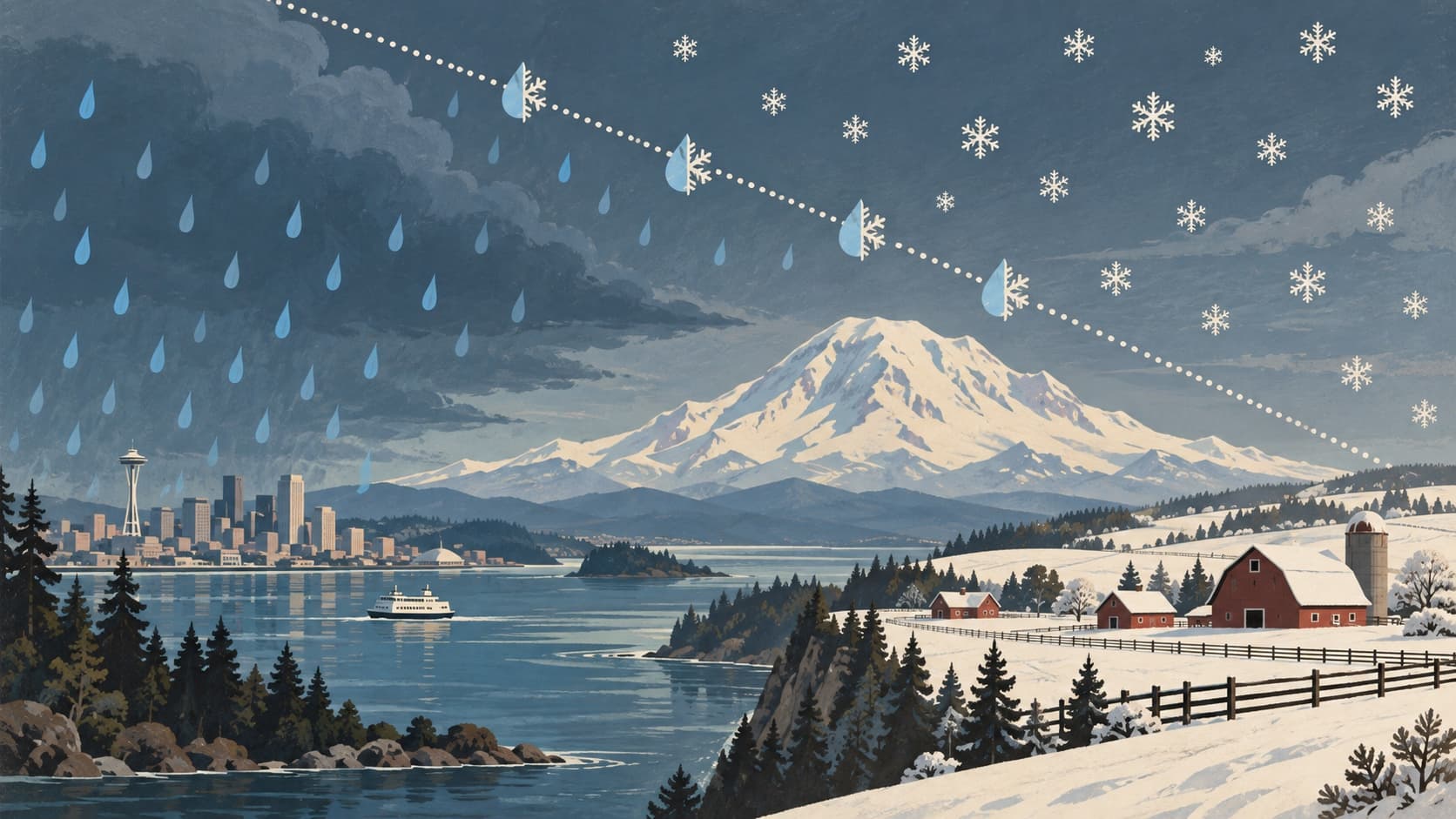 A mid-century style painting in which rain over the Seattle waterfront turns into snowflakes at a dotted line in the sky, falling as snow on red barns and fields on the plateau below Mount Rainier.