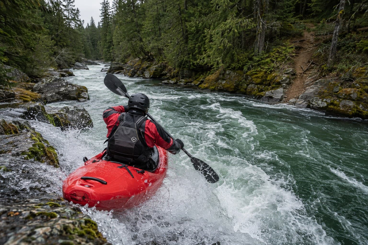 A whitewater kayaker in a red boat dropping into a rapid on a cold green river between forested rock banks