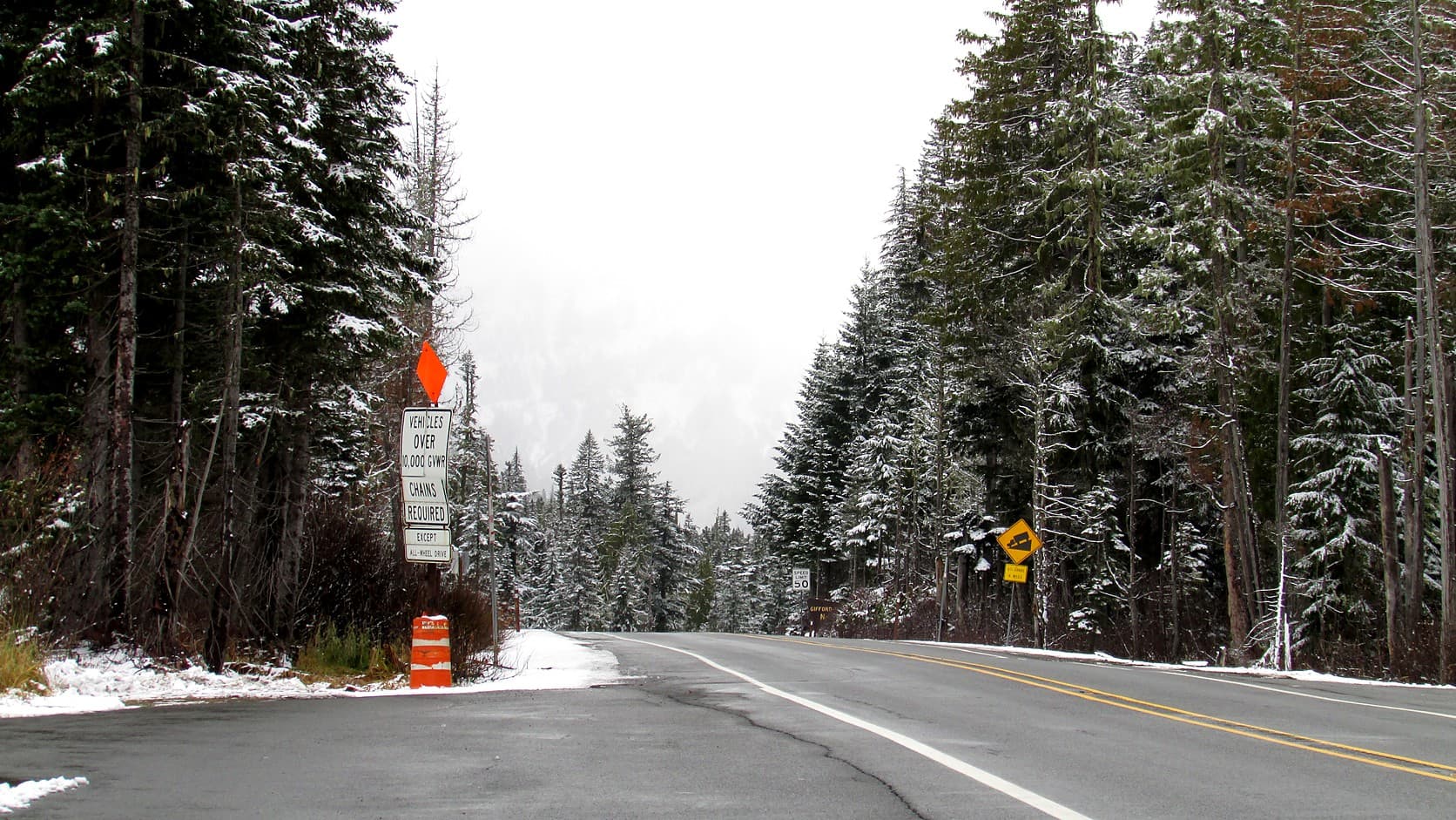 A roadside sign ordering chains on vehicles over 10,000 pounds beside U.S. 12 at White Pass, with light snow on the firs and the road shoulder.