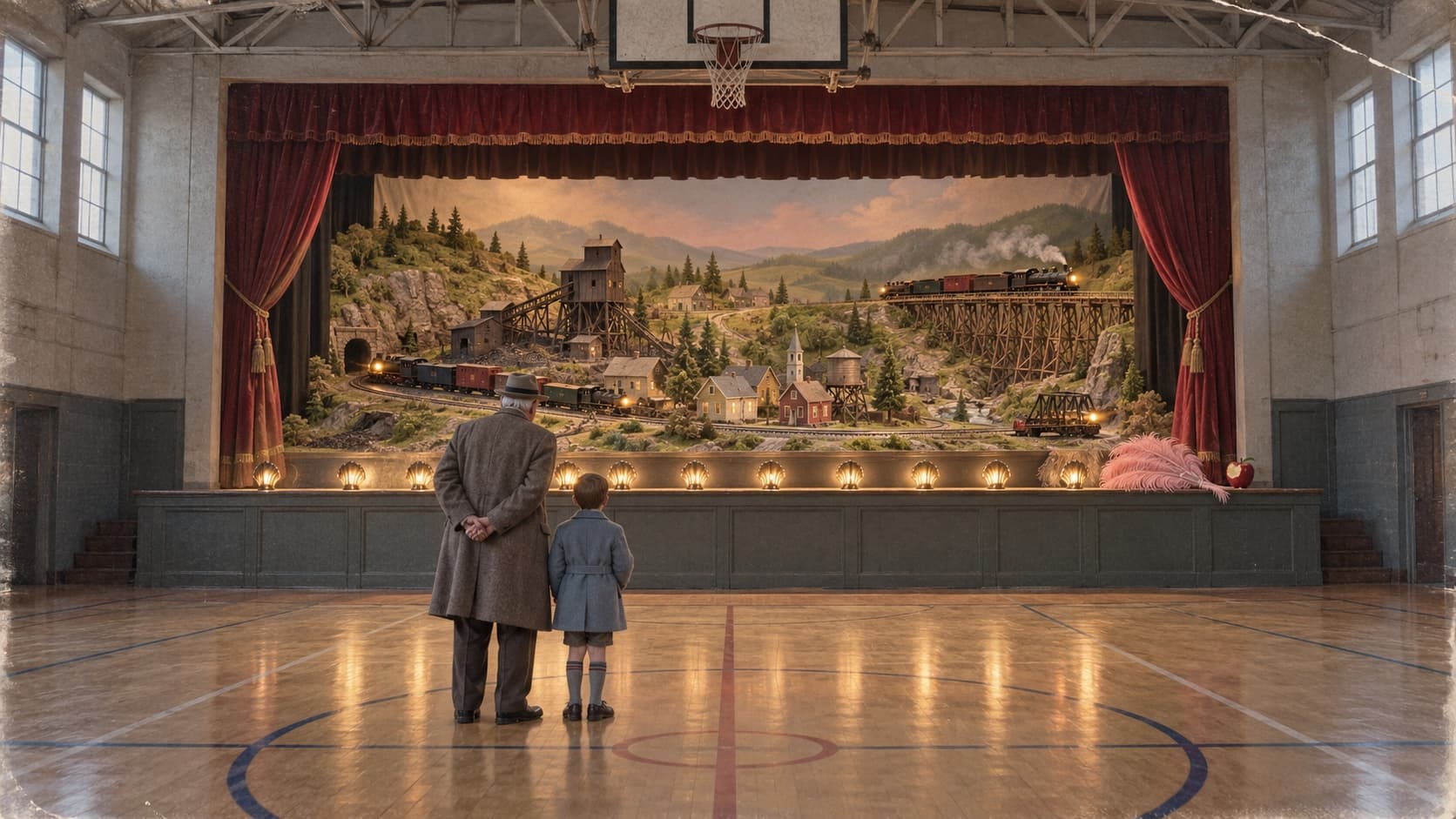 An illustration in the style of a hand-tinted vintage photograph: a small-town gymnasium stage framed by a red velvet curtain and glowing footlights, where an elaborate model railroad of a coal town circles in place of a chorus line, a pink feather fan and a bitten apple left at the edge of the stage, and a man and a child watching from the gym floor.