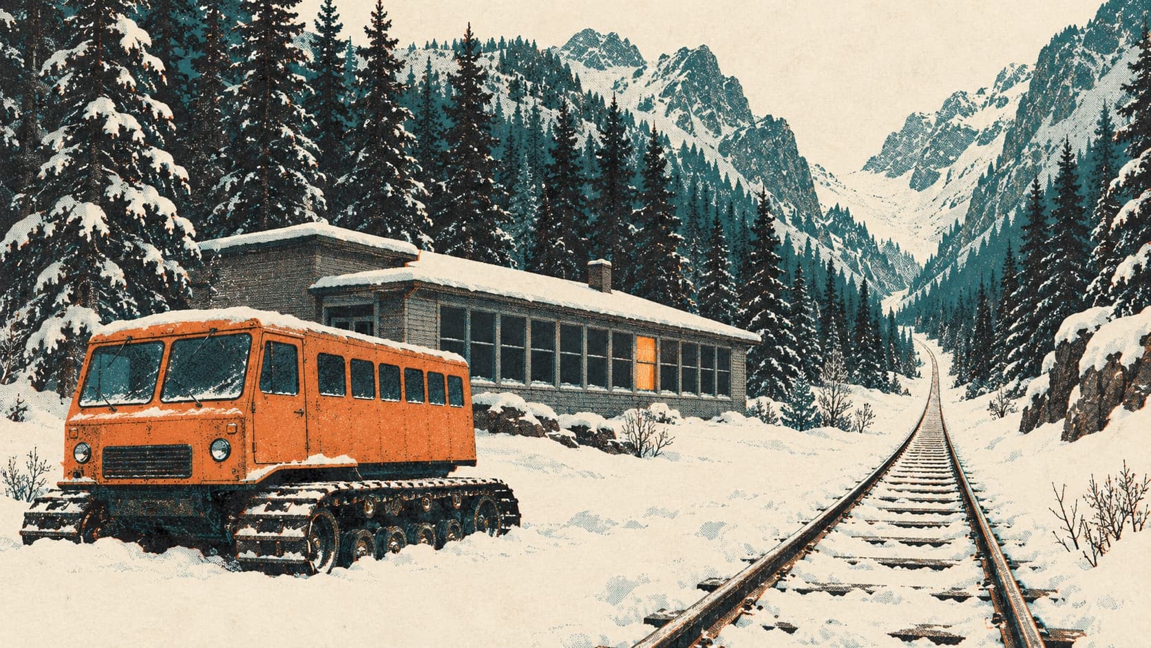 A three-color risograph print of a boxy orange tracked snow vehicle standing in deep snow outside a low, empty schoolhouse beside railroad tracks, with one window lit, tall dark firs and a mountain pass behind.