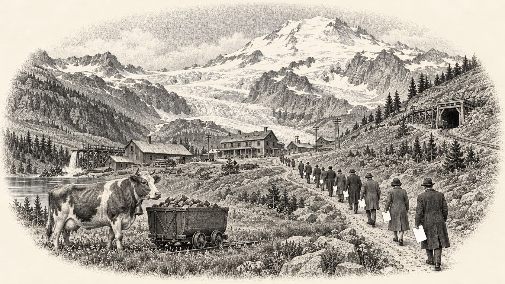 A steel engraving in the style of an old stock certificate vignette: a glaciated mountain basin with a small mining camp and a timbered mine portal, a dairy cow standing beside an ore cart in the foreground, and a long single-file line of townspeople walking up the wagon road toward the camp, each carrying a sheet of paper.