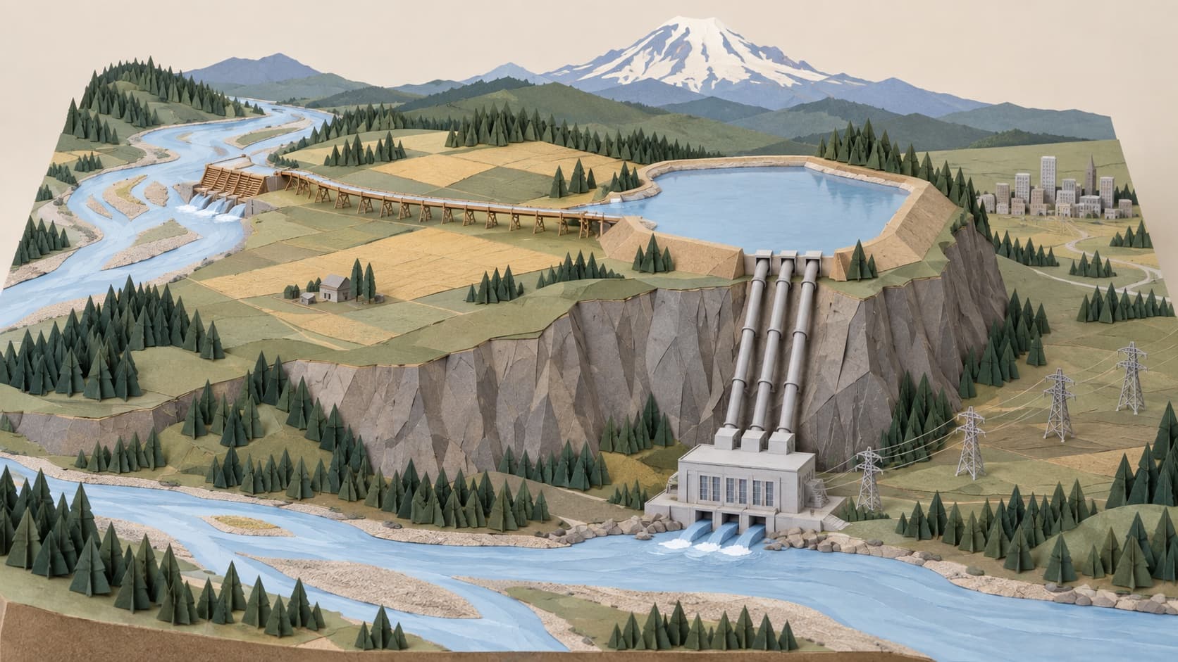 A cut-paper map diorama of a river diverted by a low dam into a flume, across a plateau to a diked lake, and down penstocks to a powerhouse.