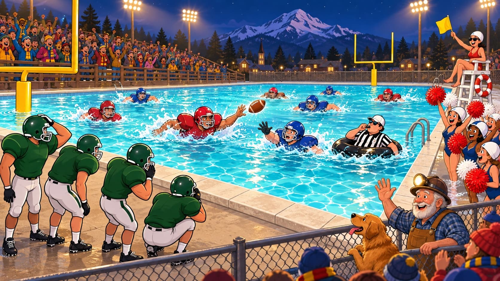 A cartoon of a football game being played in a swimming pool under stadium lights, with a cheering grandstand and a mountain behind.