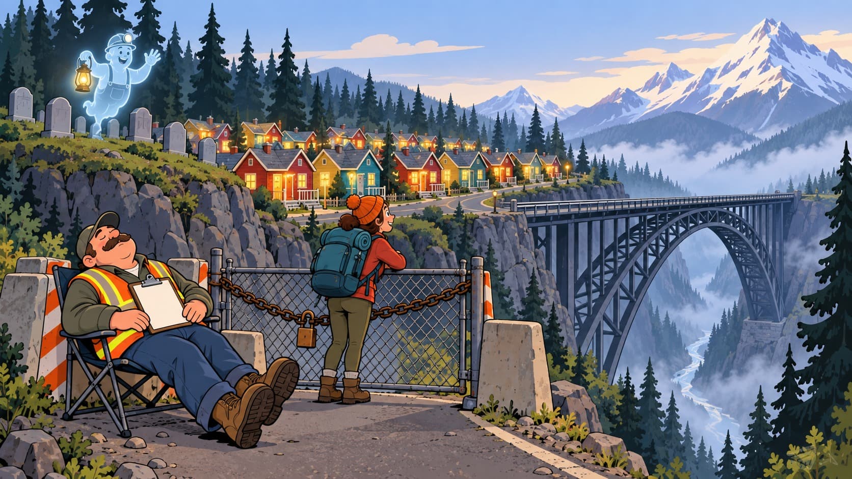 The company cottages above a chained-off bridge over the gorge