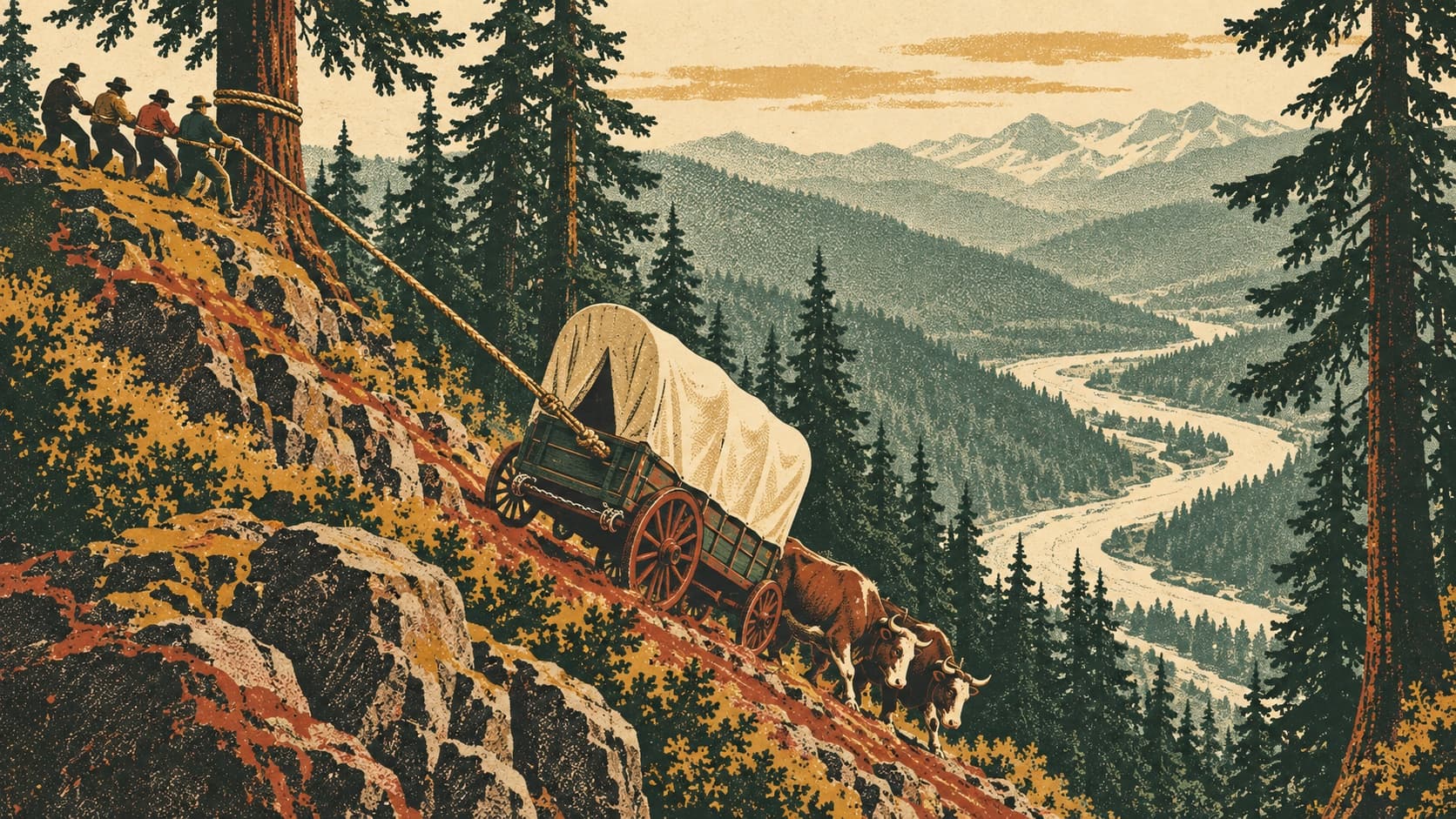 A screen-print poster of a covered wagon being lowered backward down a steep forested slope on a rope wrapped around a tree, men leaning back on the line, in forest green, ochre and rust inks.