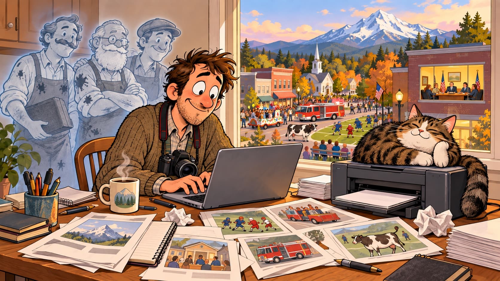 A cartoon of Enumclaw's one newspaper reporter working at a kitchen table while the whole town happens outside the window.
