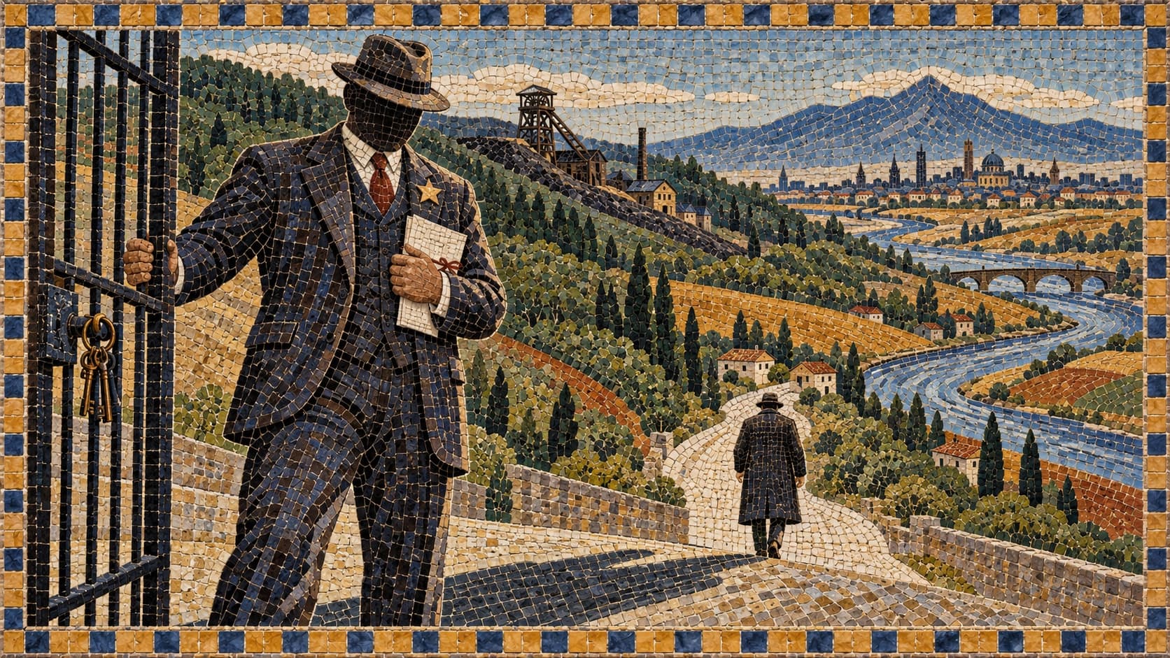 A Roman-style mosaic of small stone and glass tiles in ochre, slate blue and deep green: a short, square-shouldered man in a 1920s suit and hat with a star on his lapel holds a folded paper to his chest and holds open a door of iron bars with a ring of keys in the lock, while a smaller figure in a dark coat walks away up a pale road past forested hills, a coal mine headframe, a winding river and a distant city skyline.