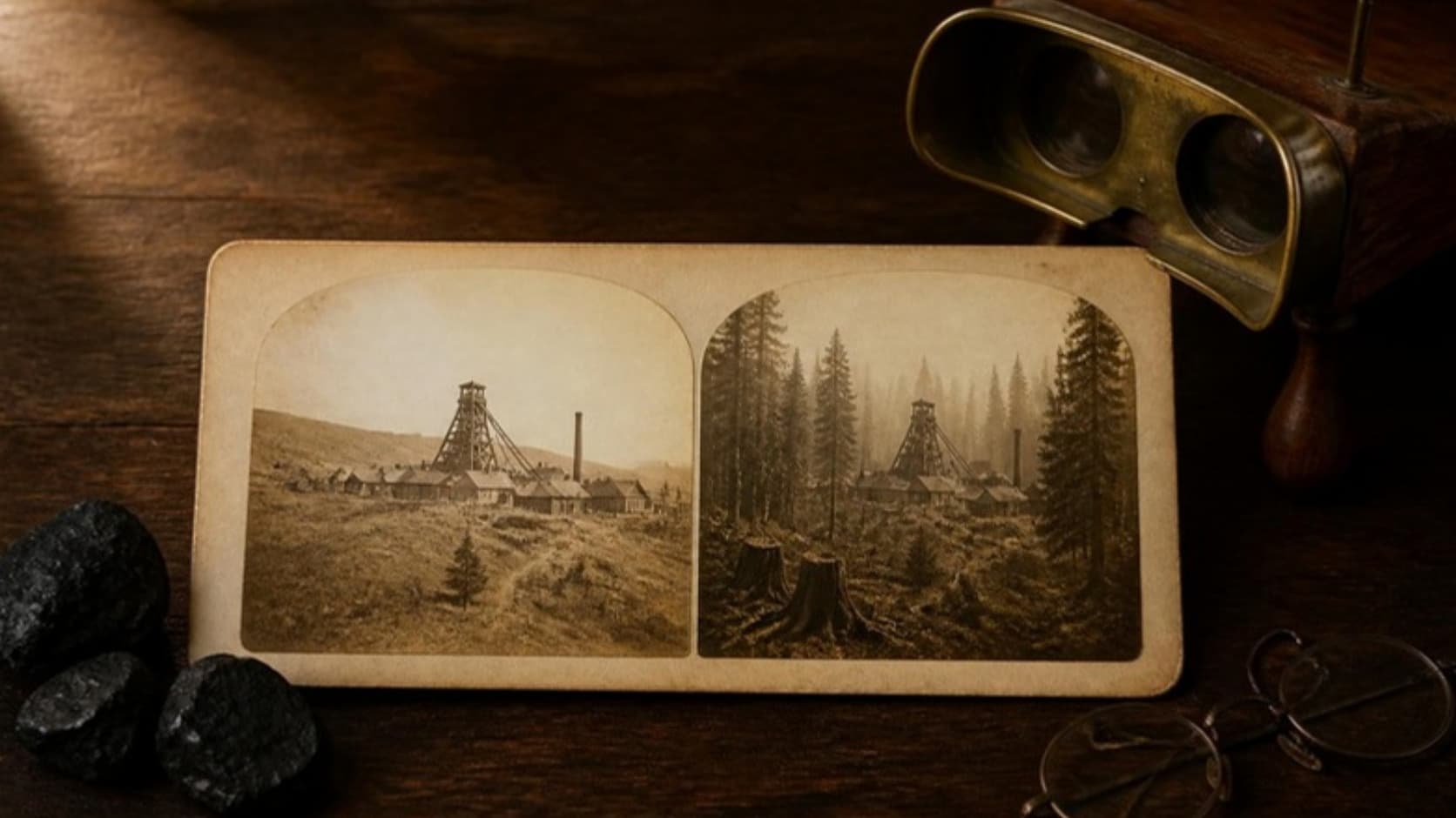 An antique stereograph card with two sepia photographs side by side: on the left a coal mine hoist and wooden houses on dry, treeless California hills; on the right the same hoist and houses among tall dark firs.