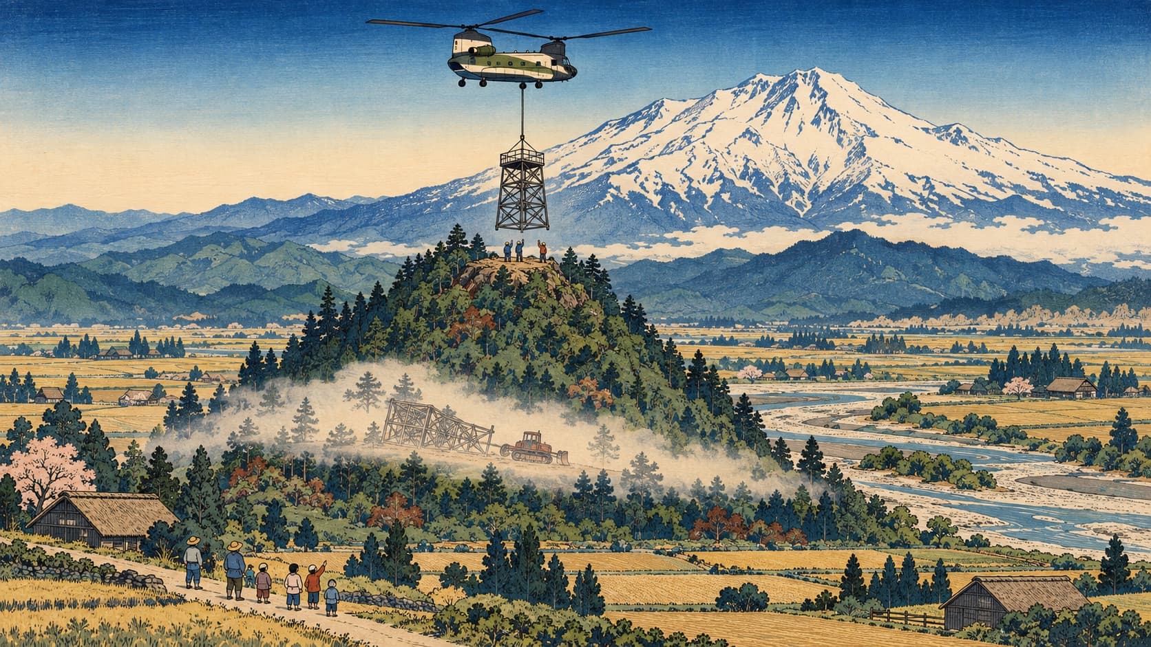 A Japanese woodblock print in the ukiyo-e manner of a small steep forested hill rising alone from flat farmland beneath a great snow mountain, with a twin-rotor helicopter lowering the steel frame of a lookout tower on a cable toward tiny figures on the summit, and in a band of mist below, the pale shape of a toppled wooden tower behind a small tractor.