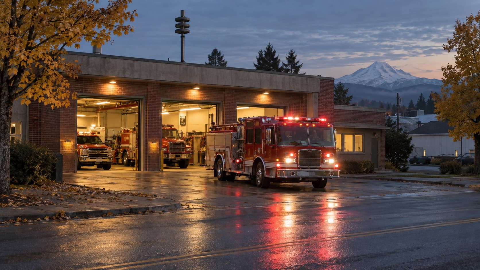 A 1960s brick fire station at dusk with a red engine pulling out of a lit bay onto a wet street.